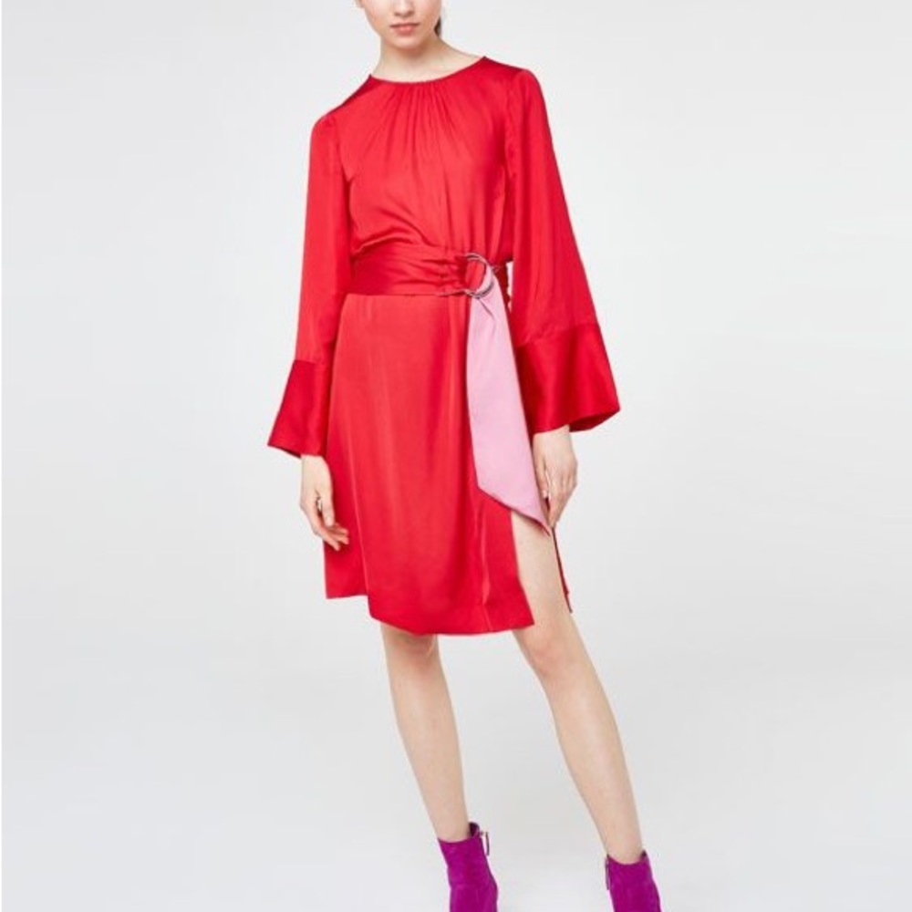 ZARA UTERQUE Red Cocktail Dress with double color belt